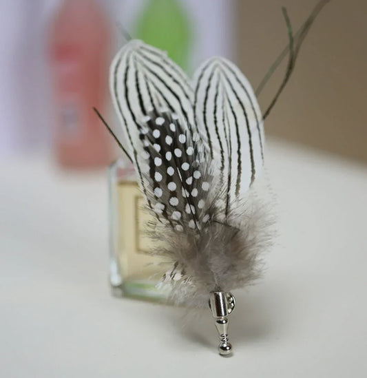 Spotted feather boutonniere for groom, elegant lapel pin for wedding and party suits