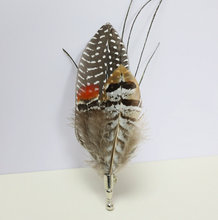 Load image into Gallery viewer, Striped feather boutonniere for groom, classic lapel pin for weddings and formal occasions
