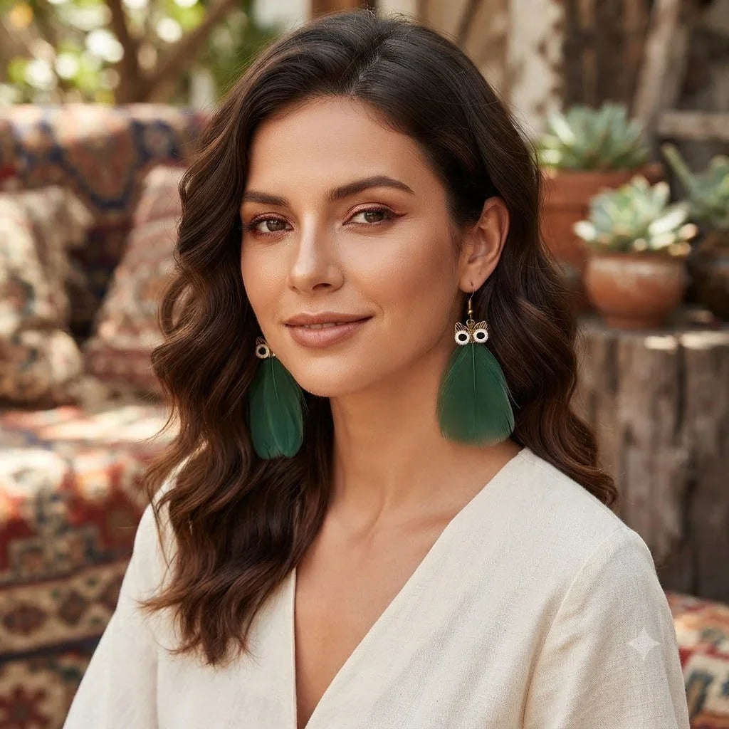 Woman wearing large green ostrich feather earrings and a white v-neck top.