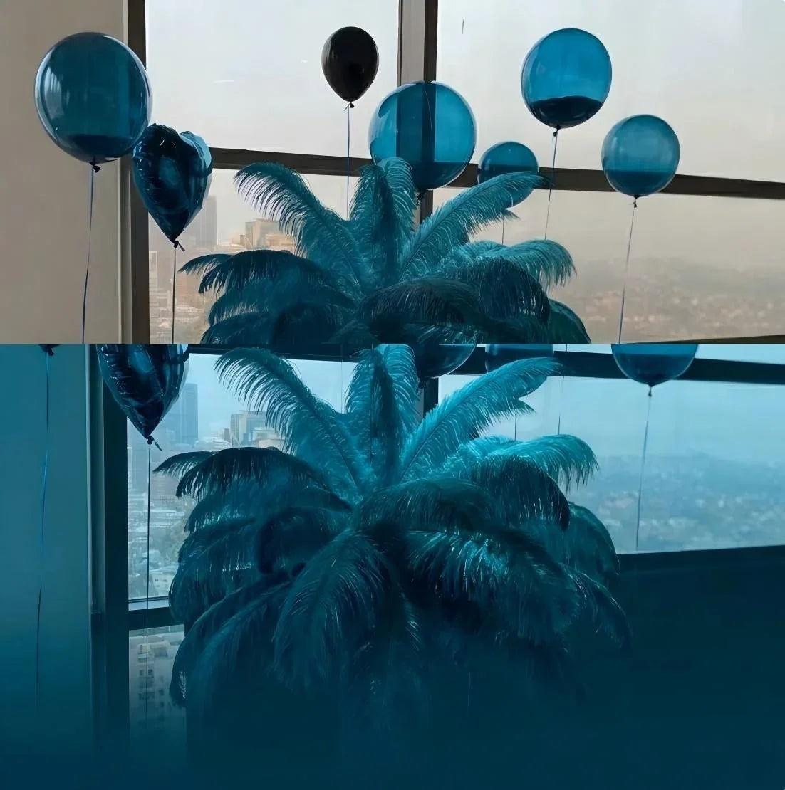 Teal ostrich feather centerpiece, vibrant table decor for tropical weddings, beach parties and themed events