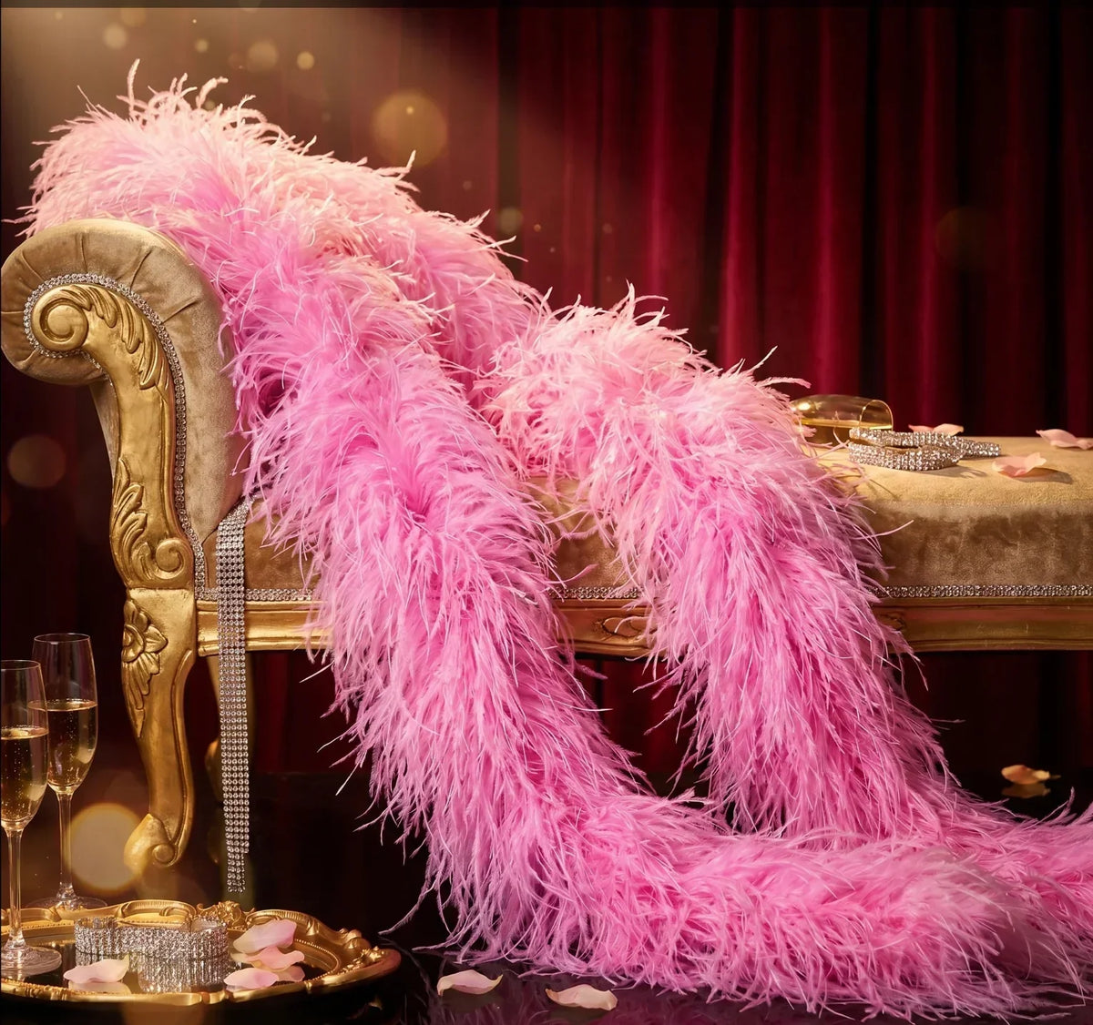 Pink ostrich feather boa draped over a luxurious gold velvet chaise lounge.