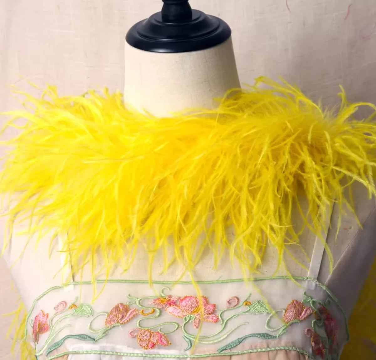 Premium yellow ostrich feather boa, 2 yards long, multi-ply for maximum volume and soft texture.