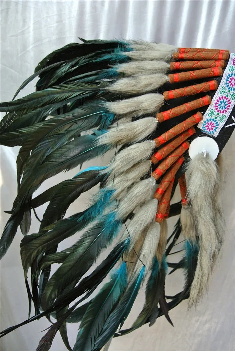 Turquoise & Black Feather Warbonnet with Orange Accents - Native American Inspired Tribal Headdress for Festivals, Cosplay & Halloween Costumes