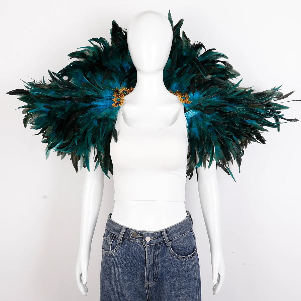 Turquoise and black lace feather cape, elegant burlesque and halloween costume accessory for women