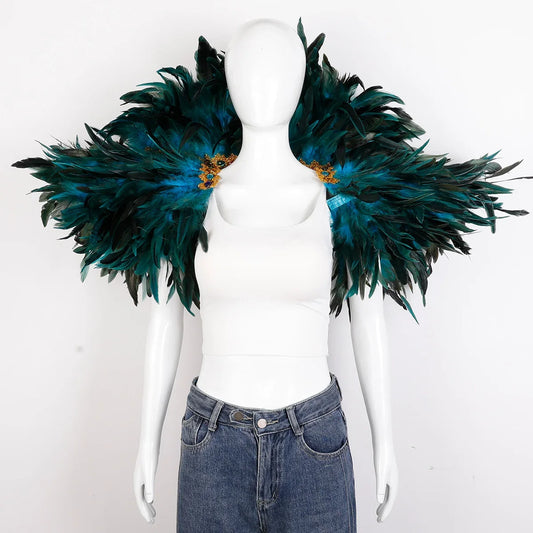 Turquoise and black lace feather cape, elegant burlesque and halloween costume accessory for women