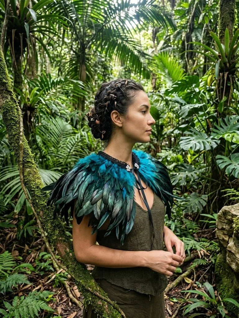 A model posing in a lush green forest wearing a statement turquoise feather cape.