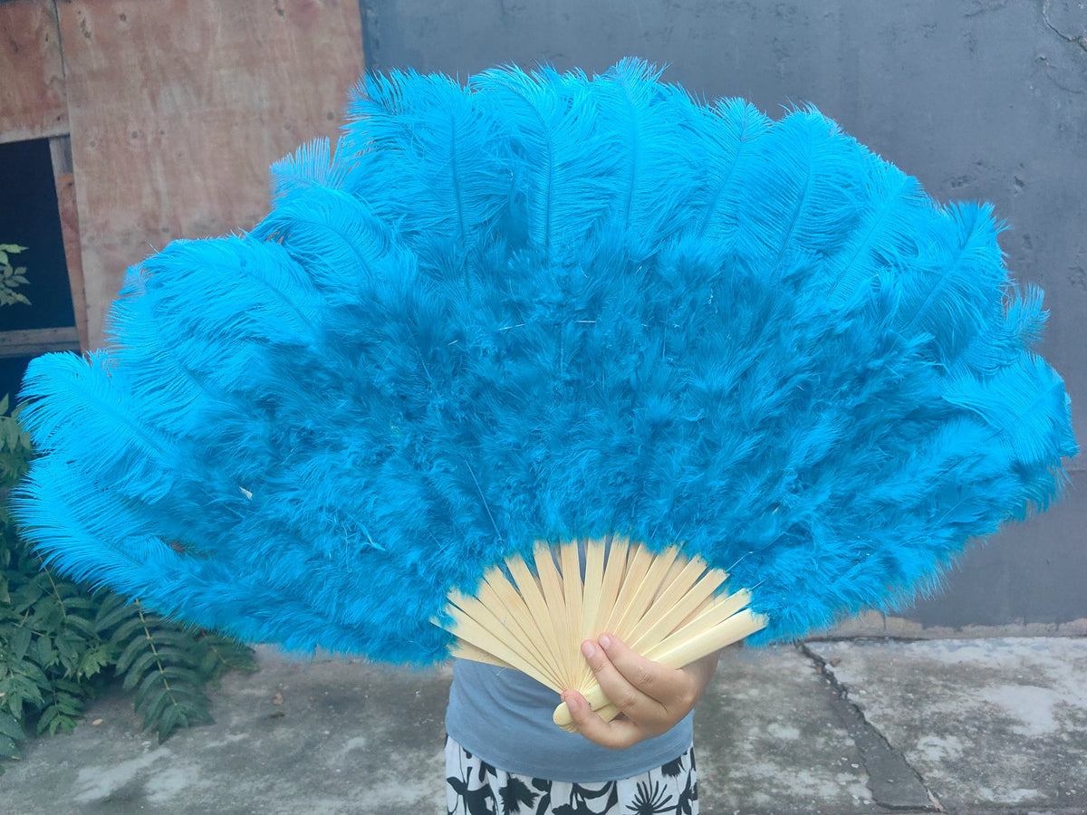 Turquoise blue ostrich feather fan, vibrant and fluffy handheld fan for performances, events and photoshoots