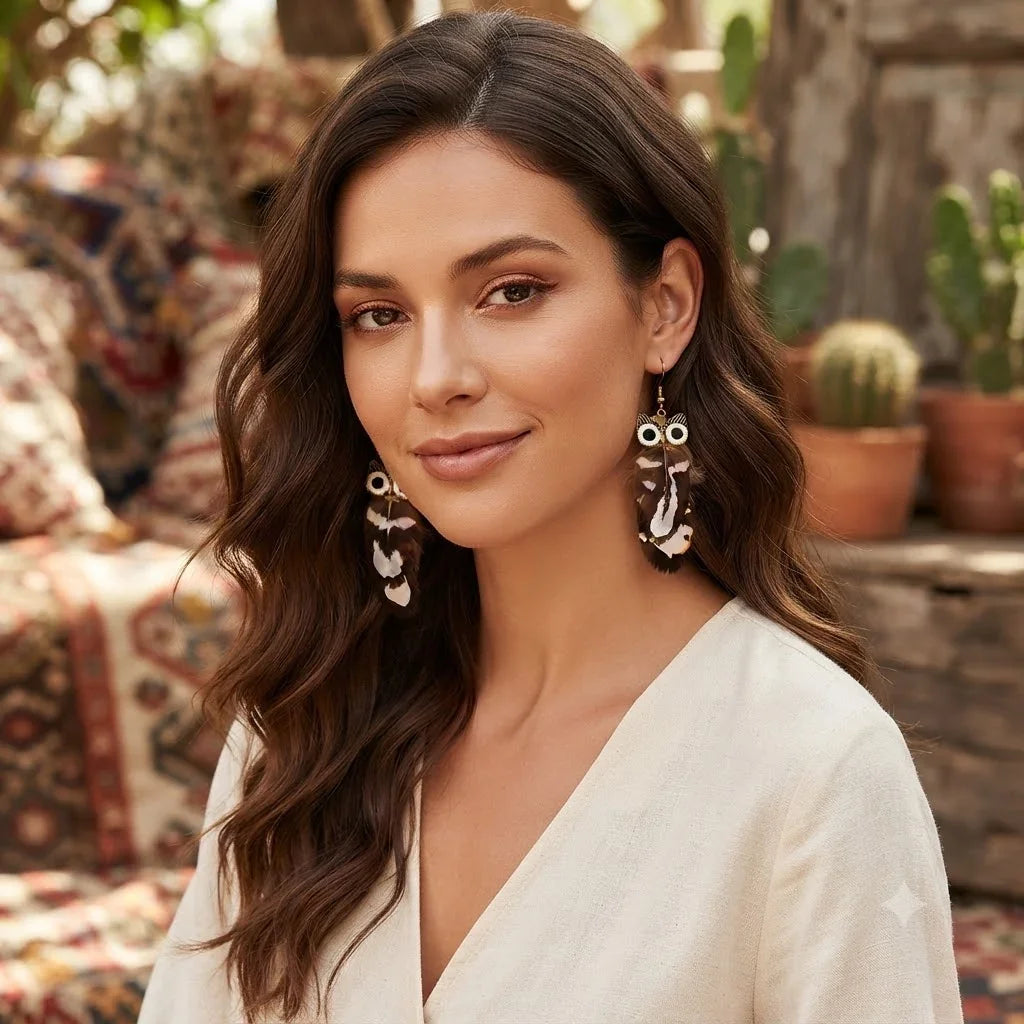 Woman wearing bohemian style feather earrings with an outdoor garden background