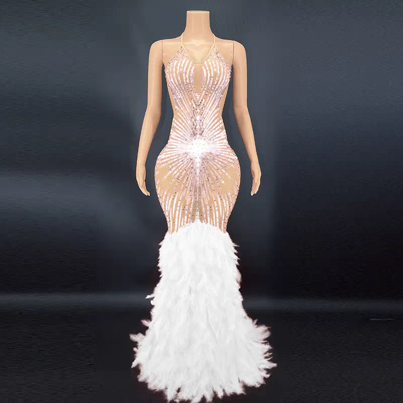 Luxury Burlesque Feather Dress - Sparkling Showgirl Costume for Stage Performance & Cabaret