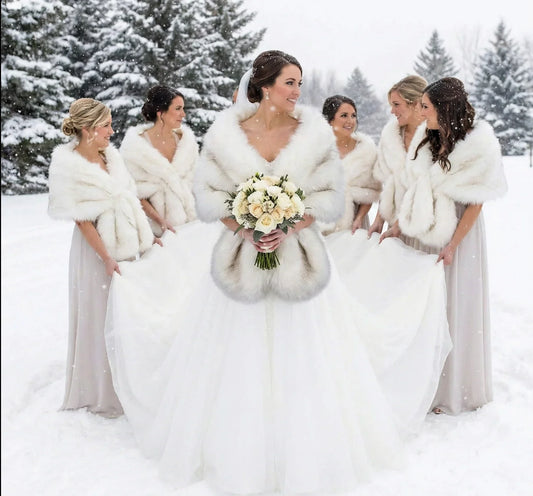 White faux fur wrap with brown tips worn by bridesmaids at a wedding, elegant and classic stole for winter events