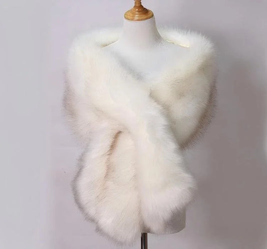 White faux fur wrap with brown tips, luxurious stole for weddings, evening gowns and formal events
