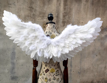 Load image into Gallery viewer, Large white feather angel wings, elegant costume accessory for weddings, photoshoots, cosplay and Halloween.
