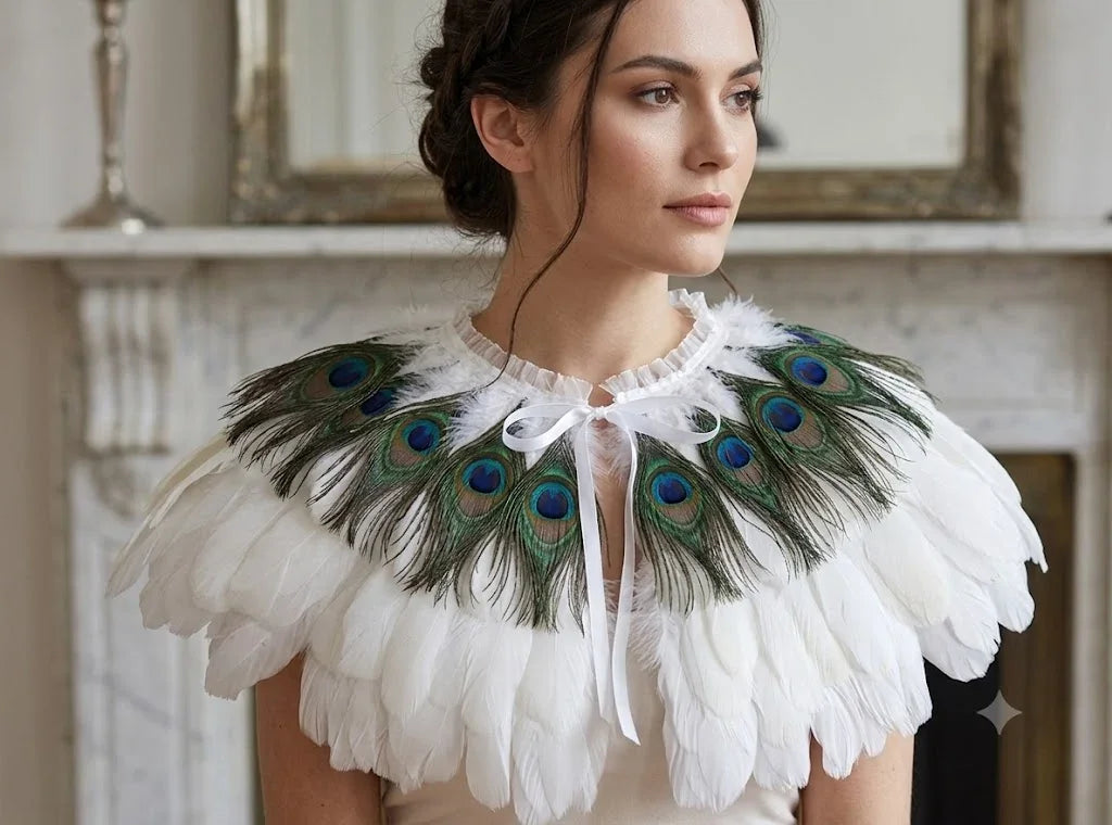 A high-end white ostrich and rooster feather capelet bolero on a mannequin.