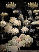 Load image into Gallery viewer, Close-up of white ostrich feather centerpiece, elegant table decor for weddings, banquets and formal events
