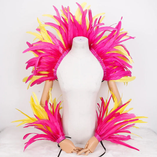 Yellow to hot pink ombre feather cape, colorful festival accessory for pride parades and photo shoots