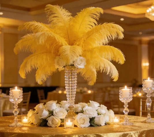 Yellow ostrich feather centerpiece, vibrant table decor for spring weddings, parties and seasonal events