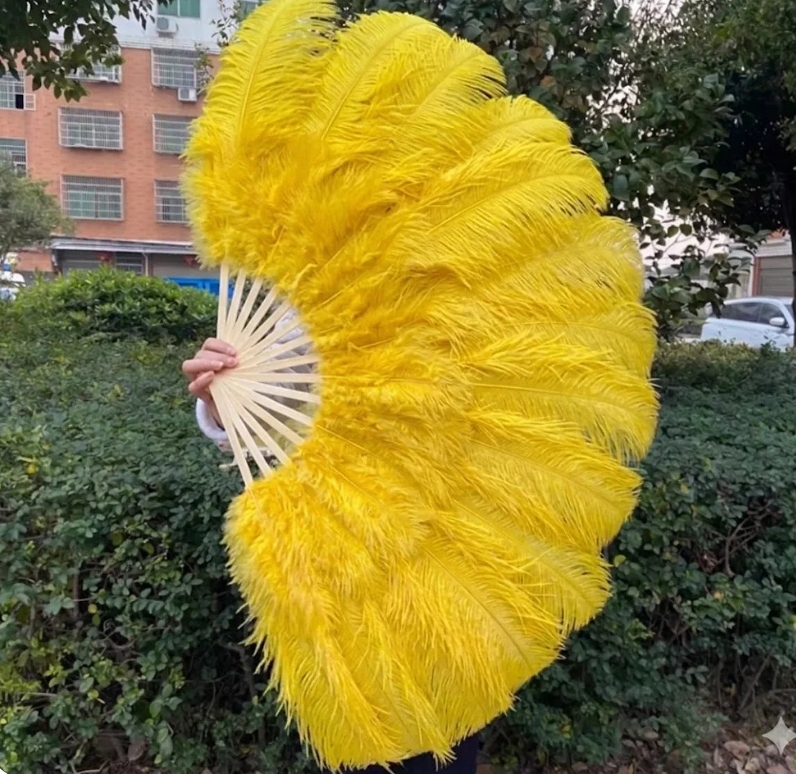 Yellow ostrich feather fan for burlesque dance, bright fluffy fan for stage performances and festivals