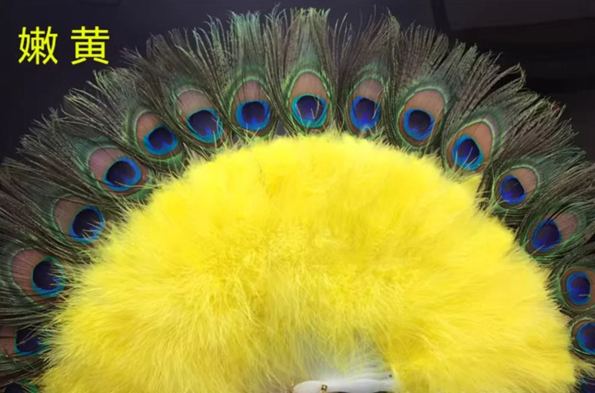 Yellow peacock and ostrich feather fan, bright fan for pride events, festivals and performances