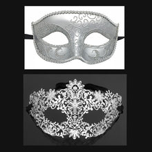 Load image into Gallery viewer, Men  Women Couple  Silver Metal Evil Skull and  White Venetian Laser Cut Masquerade Masks - Dancefeather

