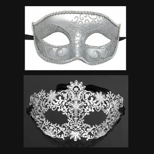 Men  Women Couple  Silver Metal Evil Skull and  White Venetian Laser Cut Masquerade Masks - Dancefeather