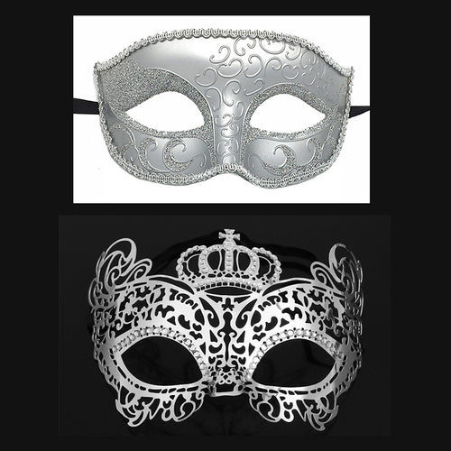 Men  Women Couple  Silver Metal Evil Skull and Venetian Laser Cut Masquerade Masks - Dancefeather