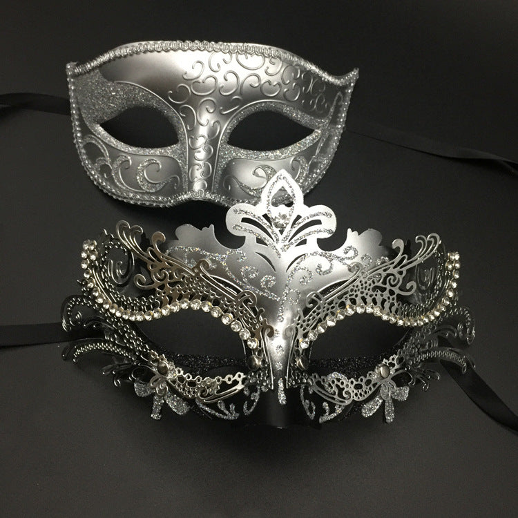 Men  Women Couple  Silver Metal Evil Skull and  White Venetian Laser Cut Masquerade Masks - Dancefeather