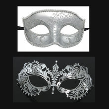 Load image into Gallery viewer, Men Women Couple Silver Metal Evil Skull and Venetian Laser Cut Masquerade Masks - Dancefeather
