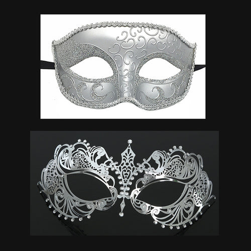 Men Women Couple Silver Metal Evil Skull and Venetian Laser Cut Masquerade Masks - Dancefeather