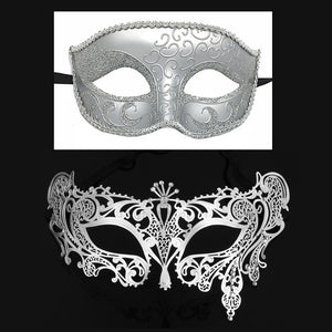 Men Women Couple  Silver Metal Evil Skull and  White Venetian Laser Cut Masquerade Masks - Dancefeather