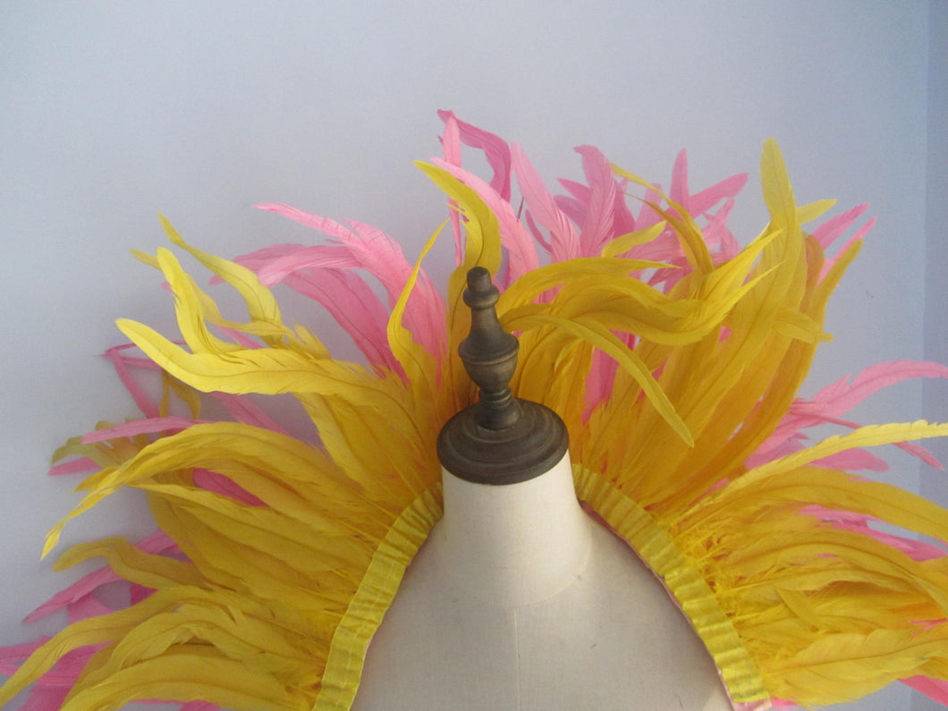 Large Burlesque Yellow and Pink  feathers SHAWL Shrug Shoulders  cape Halloween costume ,vintage capelet for Adult - Dancefeather