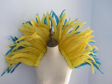 Load image into Gallery viewer, Large Burlesque Yellow and Turquoise feathers SHAWL Shrug Shoulders  cape Halloween costume ,vintage capelet for Adult - Dancefeather
