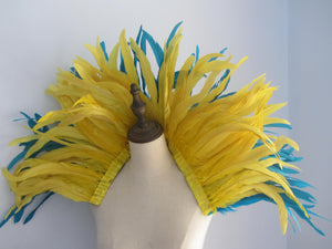 Large Burlesque Yellow and Turquoise feathers SHAWL Shrug Shoulders  cape Halloween costume ,vintage capelet for Adult - Dancefeather