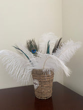 Load image into Gallery viewer, 10 White  Ostrich feathers  5 Peacock Swords 5 Peacock Eyes for wedding centerpiece DIY Hat Milliery - Dancefeather
