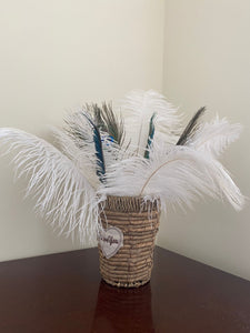 10 White  Ostrich feathers  5 Peacock Swords 5 Peacock Eyes for wedding centerpiece DIY Hat Milliery - Dancefeather
