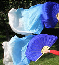 Load image into Gallery viewer, 2pieces/pair 50x70inch Large Silk white turquoise royal blue Dance Fan Burlesque Dance fan Bridal  Bouquet
